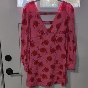 Pink Red Floral V-Neck Strappy Cuffed Long Sleeve Dress Y2K Short Mini A-Line S